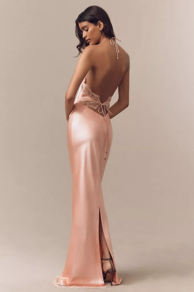 Everly Halter Lace-Trim Satin Maxi Dress Full Size Image 4