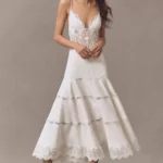 Leilani Linen Blend V-Neck Tiered Lace Midi Dress Thumbnail 1