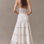 Leilani Linen Blend V-Neck Tiered Lace Midi Dress Thumbnail 4