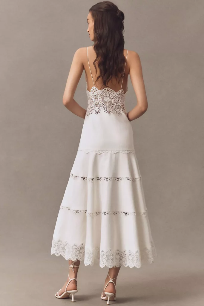 Leilani Linen Blend V-Neck Tiered Lace Midi Dress Full Size Image 4
