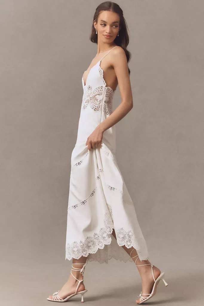 Leilani Linen Blend V-Neck Tiered Lace Midi Dress Full Size Image 2