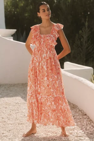 RO'S GARDEN Cotton Flutter-Sleeve Midi Dress