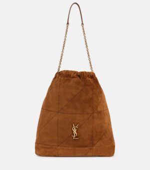 A brown suede drawstring bag with a gold chain strap and a gold YSL logo on the front, inspired by the iconic Saint Laurent Jamie 4.3 Patchwork Leather Shoulder Bag, displayed against a plain white background.