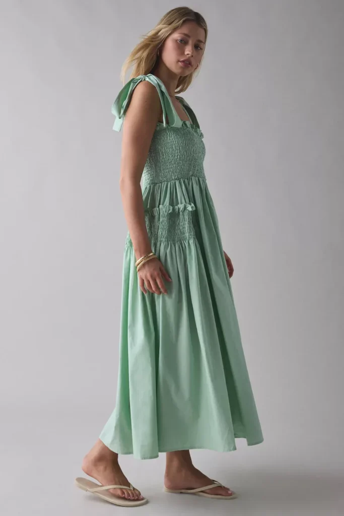 Grassland Bow-Tie Strap Shirred Midi Dress Full Size Image 3
