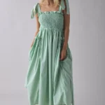 Grassland Bow-Tie Strap Shirred Midi Dress Thumbnail 1