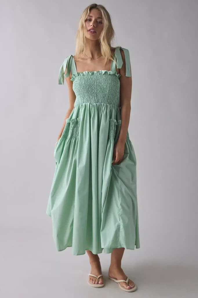 Grassland Bow-Tie Strap Shirred Midi Dress Full Size Image 1