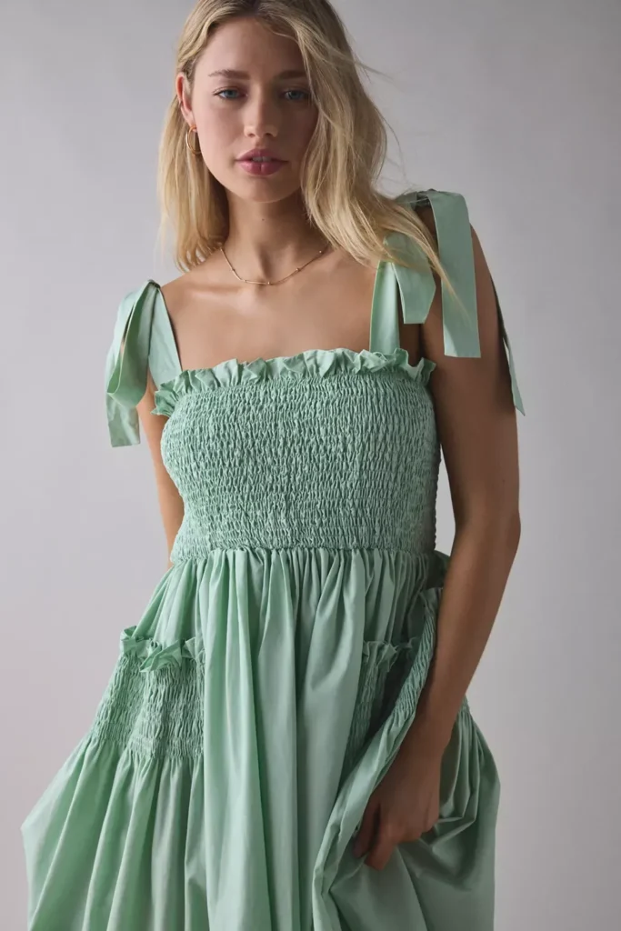 Grassland Bow-Tie Strap Shirred Midi Dress Full Size Image 2