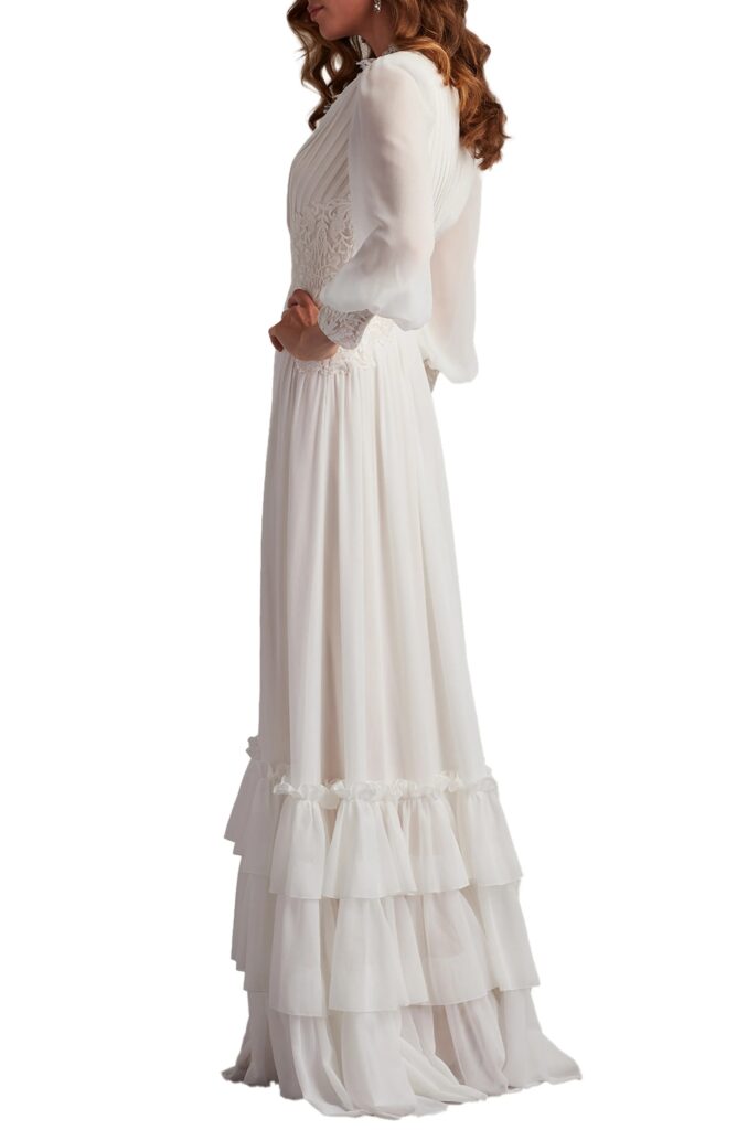 Ruffle Pleated Long Sleeve Chiffon Gown Full Size Image 2