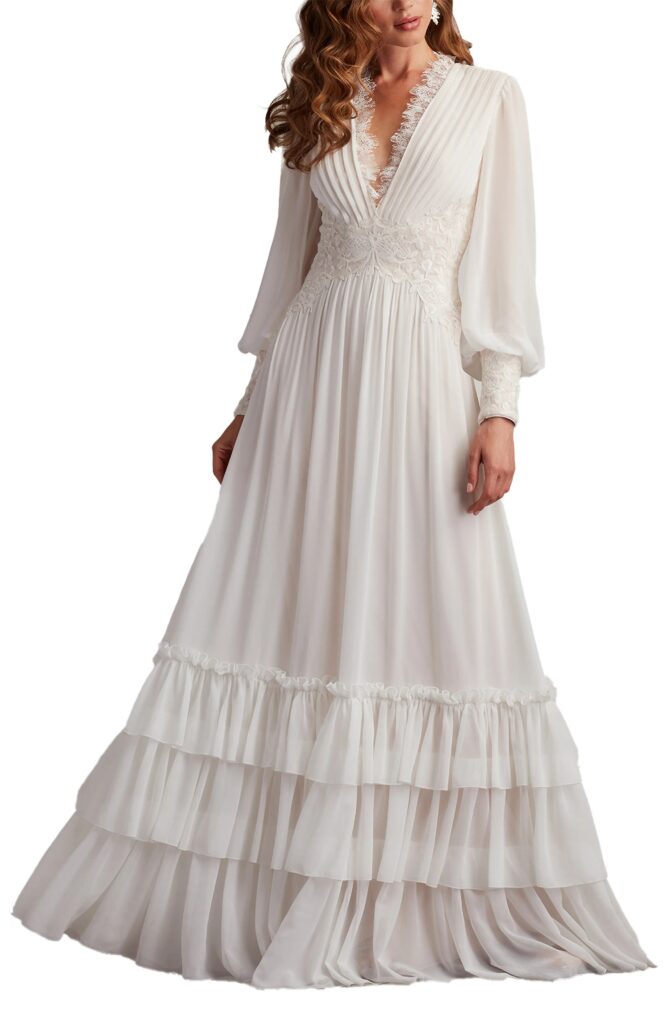 Ruffle Pleated Long Sleeve Chiffon Gown Full Size Image 3
