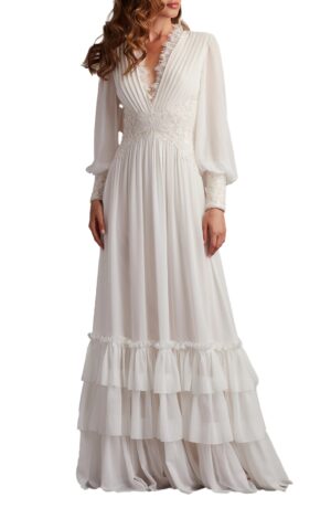TADASHI SHOJI Ruffle Pleated Long Sleeve Chiffon Gown