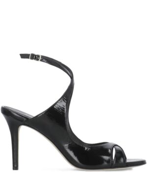 A black patent leather stiletto sandal with a 100mm thin heel, open toe, and adjustable ankle strap, shown in profile against a white background.