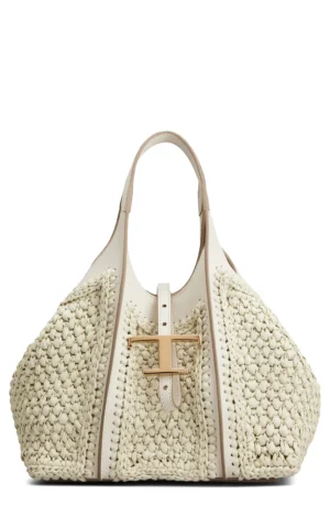 TOD'S Mini T Timeless Crochet Raffia & Leather Shopping Bag