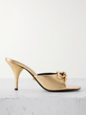 VERSACE Opera Embellished Metallic Textured-Leather Mules