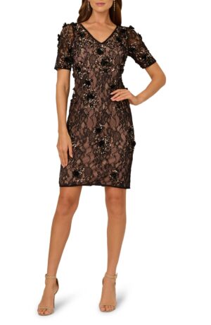ADRIANNA PAPELL Beaded Lace Sheath Cocktail Dress