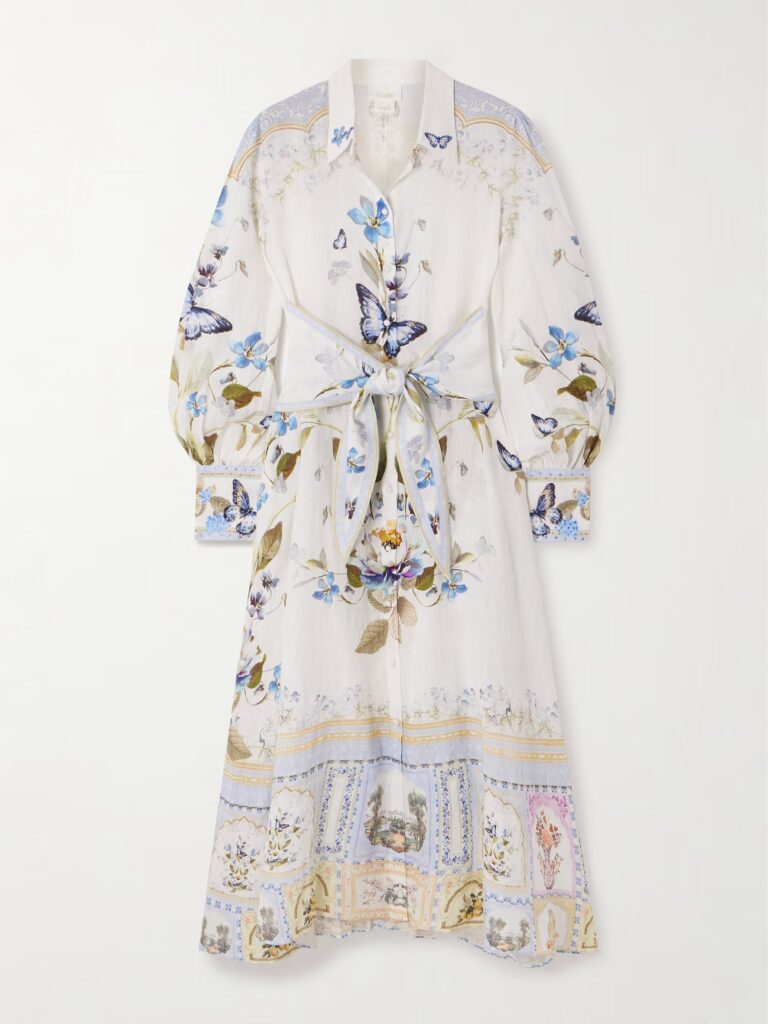 Belted Embellished Floral-Print Linen Midi Shirt Dress Full Size Image 2