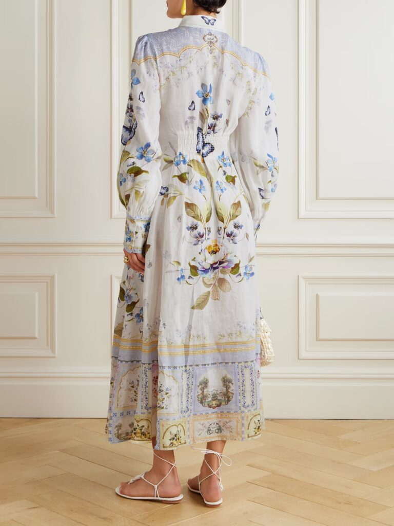 Belted Embellished Floral-Print Linen Midi Shirt Dress Full Size Image 3