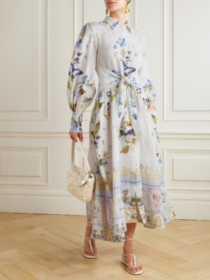 CAMILLA Belted Embellished Floral-Print Linen Midi Shirt Dress