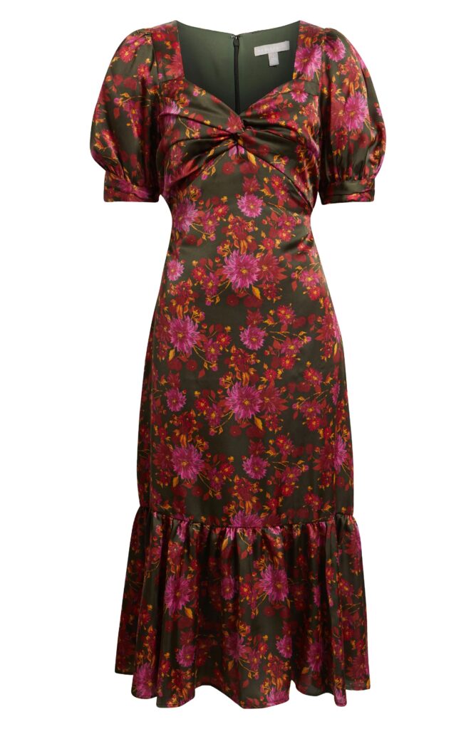 Twist Front Puff Sleeve Satin Midi Dress Full Size Image 2