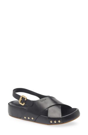 The Chloé Mae Cross-Strap Studded Sandals feature a low wedge heel, black crisscross leather straps, a gold buckle on the ankle strap, and chic gold stud accents along the outer side of the sole.