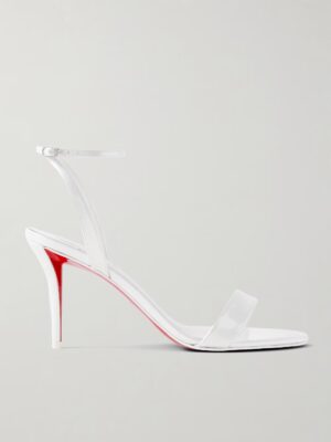 A white Christian Louboutin Miss Z 80 Leather Sandal with a thin ankle strap, single toe strap, and signature red sole, photographed from the side against a plain background.