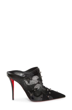 A black pointed-toe stiletto mule inspired by the Christian Louboutin Jane Bow Pump, with a high heel, sheer mesh panels, black leather accents, silver spikes, and a signature red sole. Features a slip-on design and textured details around the opening.