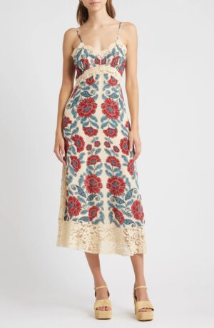 FARM RIO Francesca Sand Lace Detail Floral Dress
