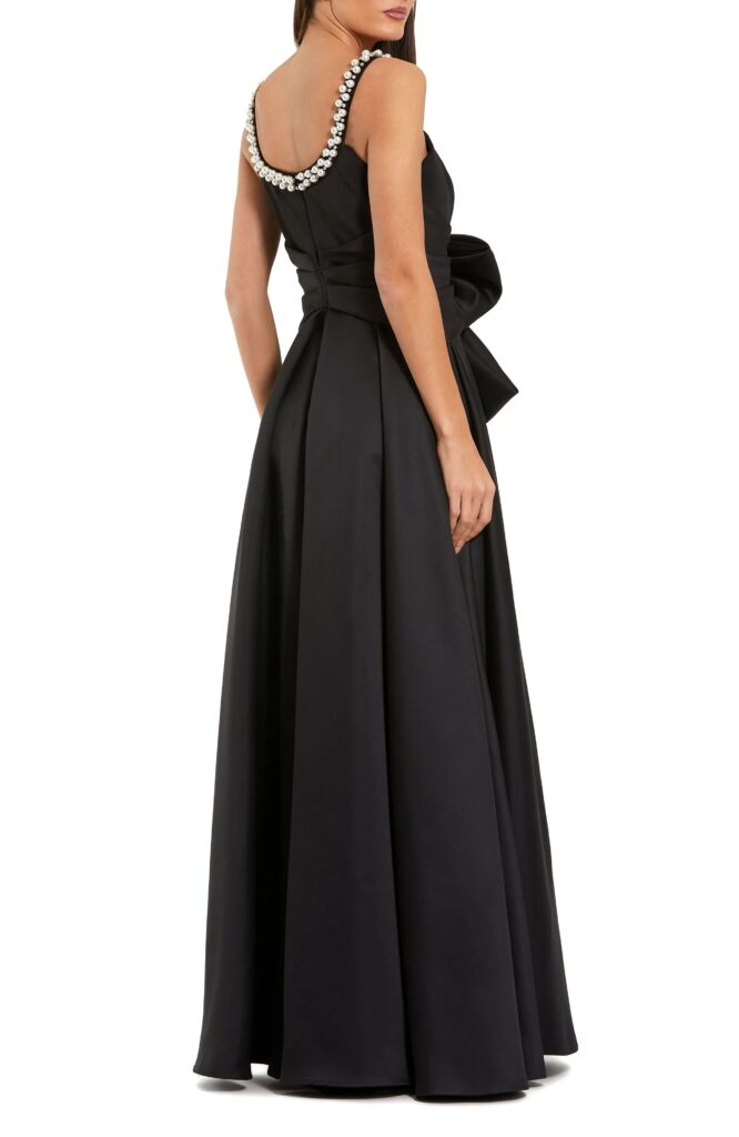 Satin Gown with Pearl Neckline and Bow Detail Full Size Image 2