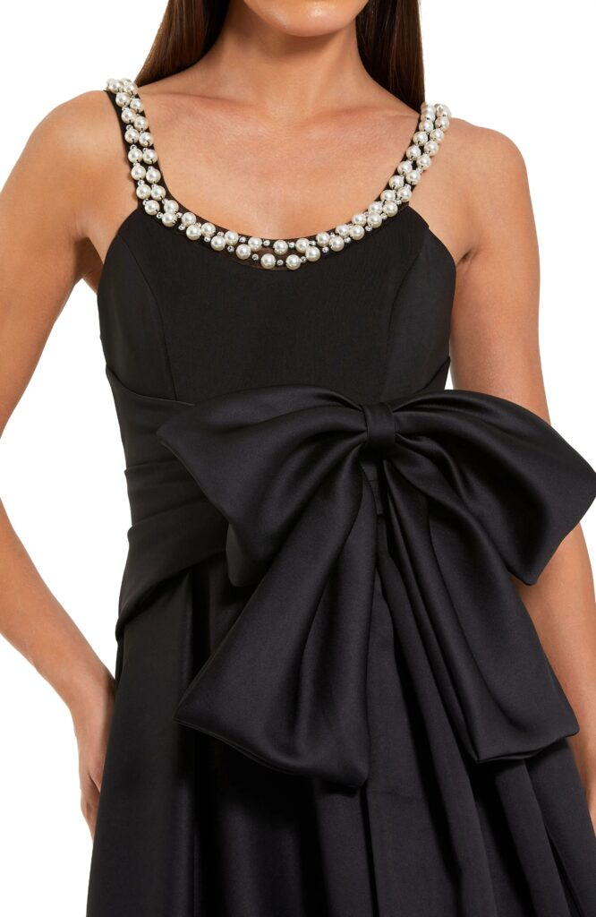Satin Gown with Pearl Neckline and Bow Detail Full Size Image 3