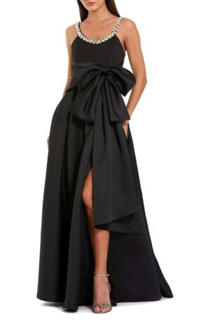 MAC DUGGAL Satin Gown with Pearl Neckline and Bow Detail