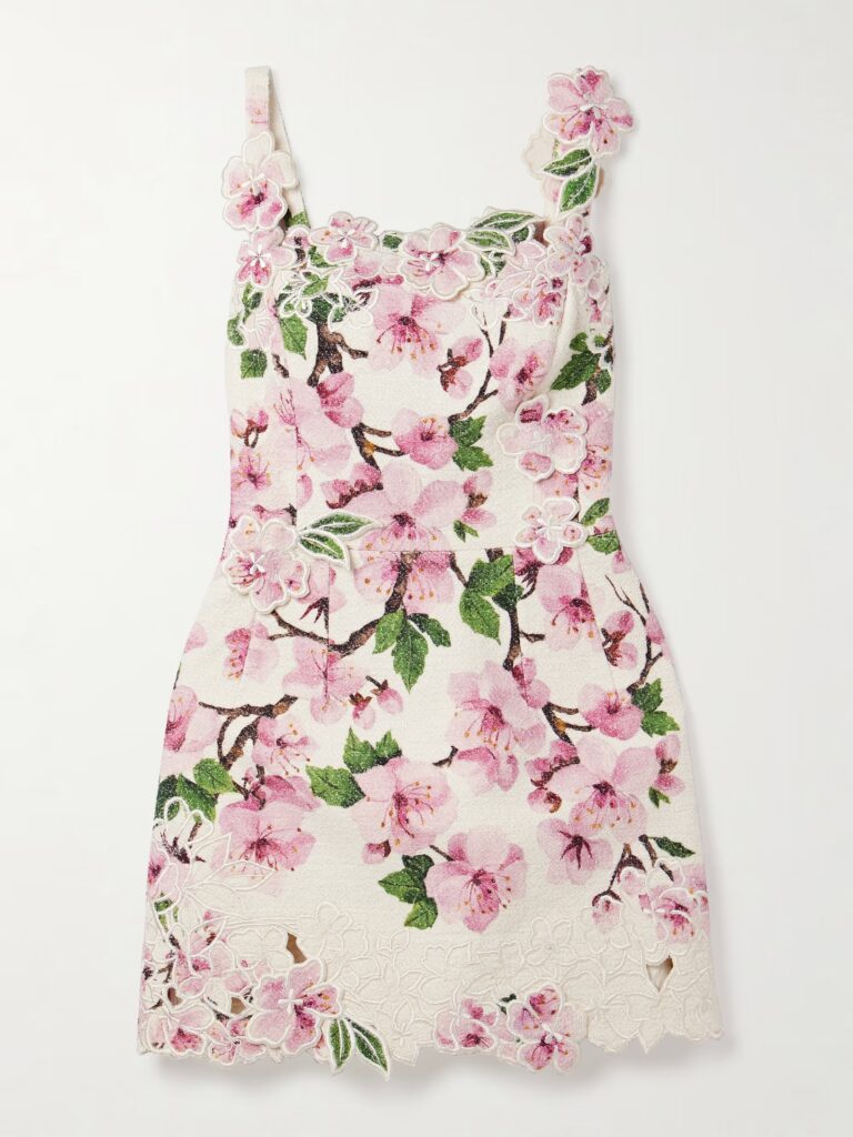 Appliquéd Floral-Print Cotton-Blend Bouclé Mini Dress Full Size Image 3