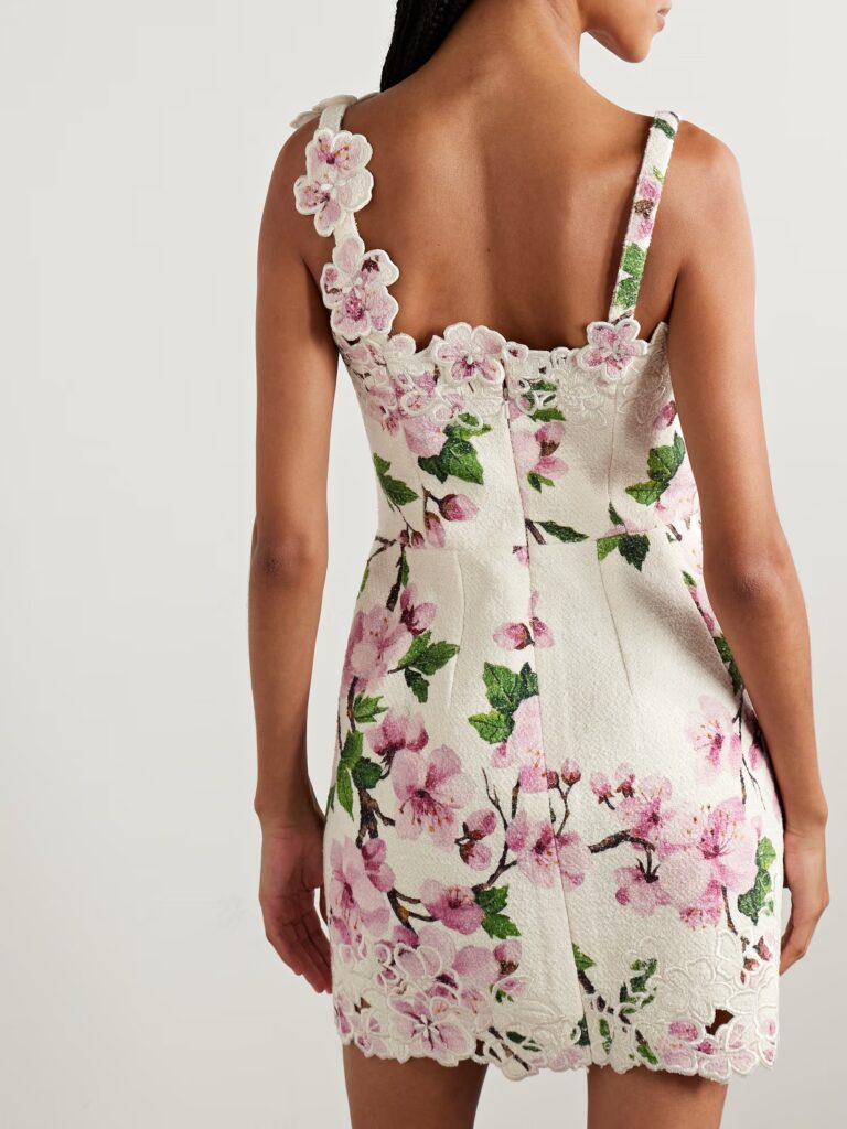 Appliquéd Floral-Print Cotton-Blend Bouclé Mini Dress Full Size Image 4