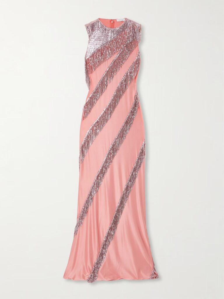 Fringed Chainmail-embellished Satin-jersey Maxi Dress Full Size Image 4