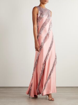 PACO RABANNE Fringed Chainmail-embellished Satin-jersey Maxi Dress