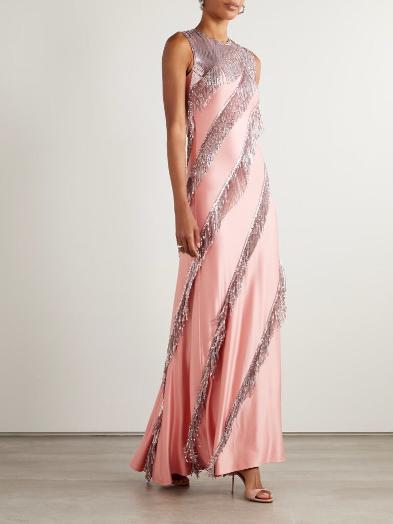 Fringed Chainmail-embellished Satin-jersey Maxi Dress Full Size Image 1