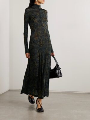 ULLA JOHNSON Koa Ruched Printed Stretch-jersey Turtleneck Maxi Dress