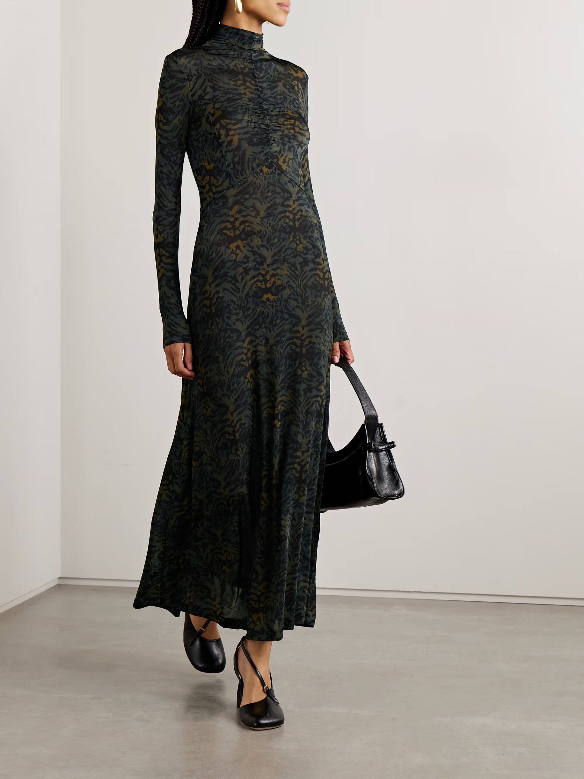 ULLA JOHNSON Koa Ruched Printed Stretch-jersey Turtleneck Maxi Dress