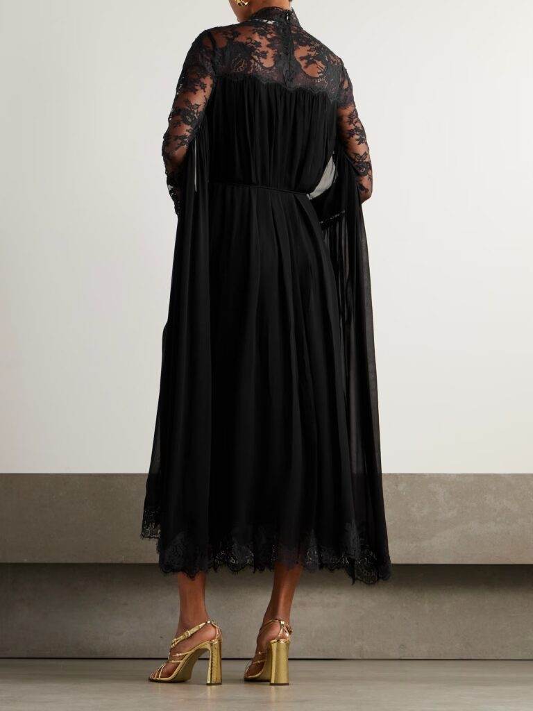 Gathered Lace-Trimmed Crepe Midi Dress Full Size Image 3