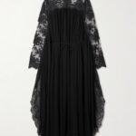 Gathered Lace-Trimmed Crepe Midi Dress Thumbnail 4
