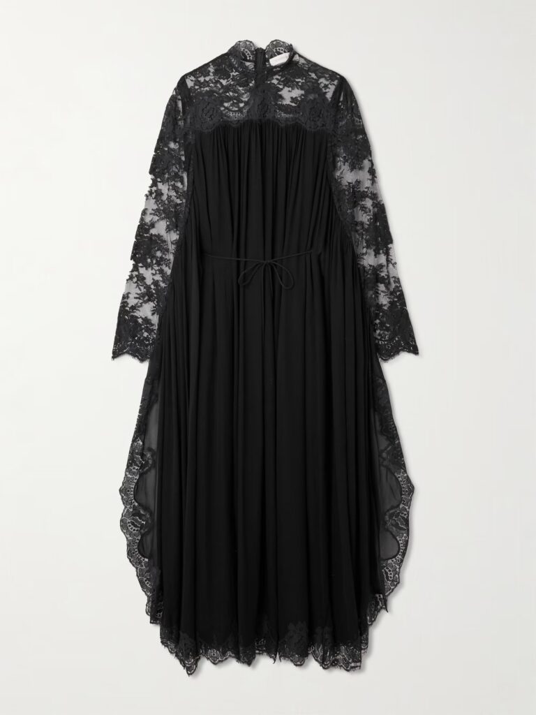 Gathered Lace-Trimmed Crepe Midi Dress Full Size Image 4