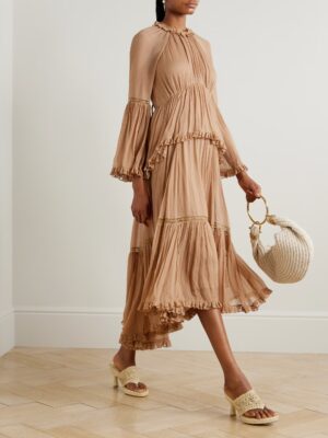 ZIMMERMANN Hypnotic Lace-Trimmed Tiered Crepe De Chine Midi Dress