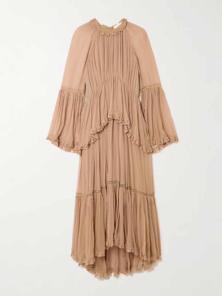 Hypnotic Lace-Trimmed Tiered Crepe De Chine Midi Dress Full Size Image 4