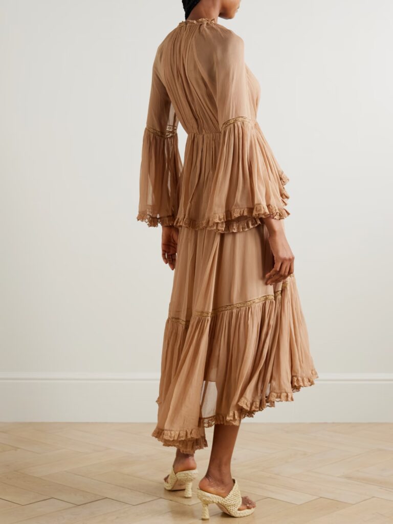 Hypnotic Lace-Trimmed Tiered Crepe De Chine Midi Dress Full Size Image 2
