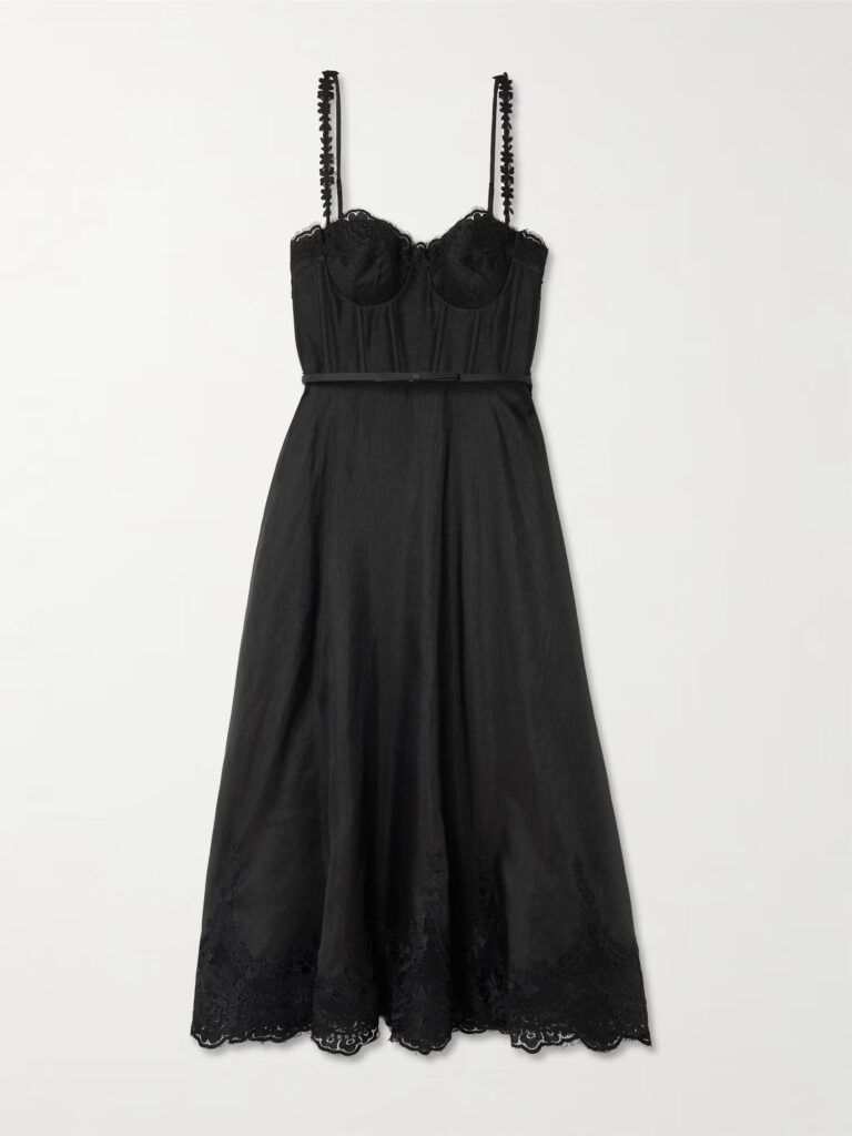 Hypnotic Picnic Belted Lace-Trimmed Linen and Silk-Blend Midi Dress Full Size Image 3