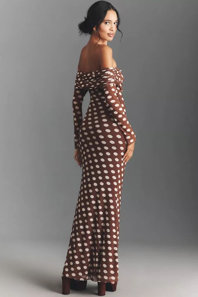 Long-Sleeve Off-The-Shoulder Mesh Maxi Dress Full Size Image 3