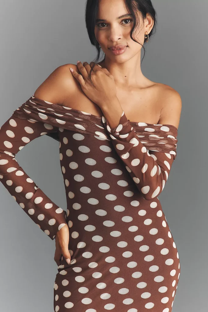 Long-Sleeve Off-The-Shoulder Mesh Maxi Dress Full Size Image 4