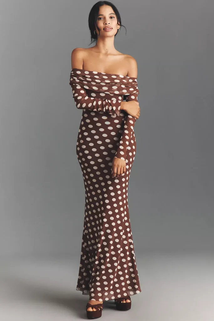 Long-Sleeve Off-The-Shoulder Mesh Maxi Dress Full Size Image 1