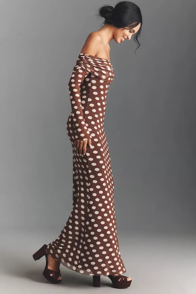 Long-Sleeve Off-The-Shoulder Mesh Maxi Dress Full Size Image 2