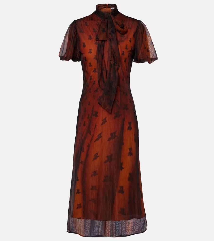 Bow-detailed Printed Sheer Midi Dress Full Size Image 3