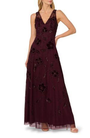 ADRIANNA PAPELL Beaded Floral Velvet Gown