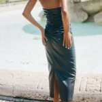The Soleil Faux-leather Strapless Midi Dress Thumbnail 3